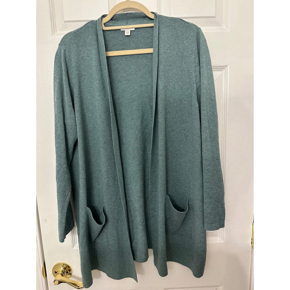 J. Jill Open Front Cardigan Sweater Teal Blue Cotton Silk Wool Large Petite